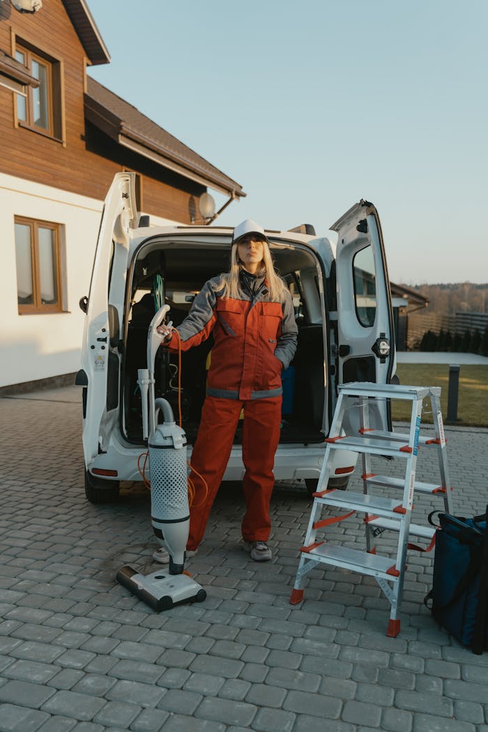 services-01 A cleaner in uniform stands beside a van with cleaning tools outside a modern house at sunset.
